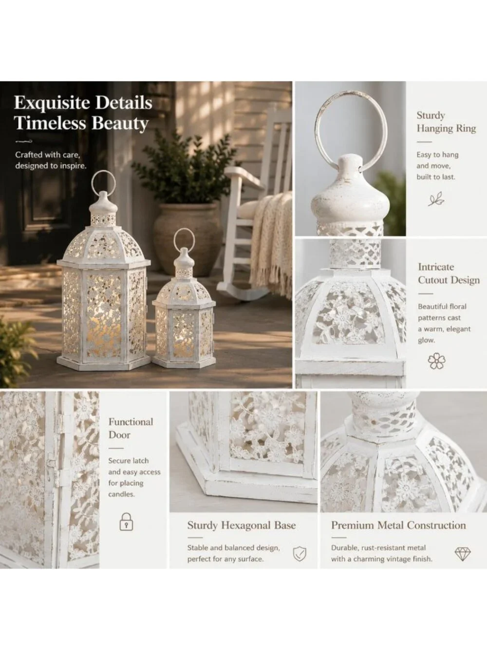 Set of 2 White Metal Lanterns - Decorative Candle Holders for Indoor & Outdoor
